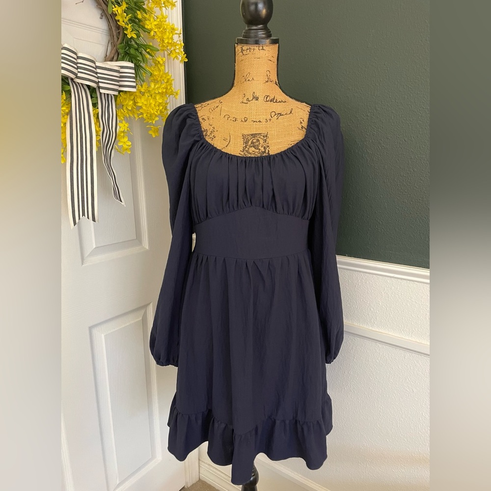 Shein Womens Fit And Flare Dress Navy Blue Long Sleeve Size Large Ruffle Hem
